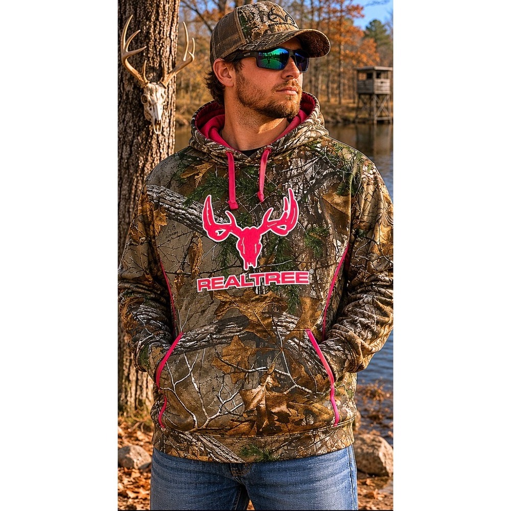 Realtree Camo Hoodie Men XL Brown Pink Deer Skull Logo Hunting Performance Sweat